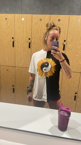 Customer photo review of Salty Savage Unisex “Yin Yang Sunflower” Two Tone Oversized Tee