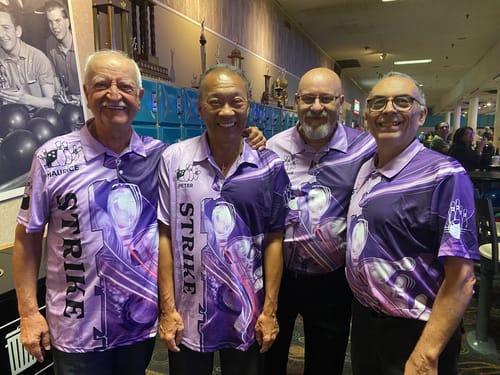 Customer photo review of Maxcorners Bowling Ball And Pins Strike Multicolor Option Customized Name, Team Name 3D Polo Shirt (6 Colors)