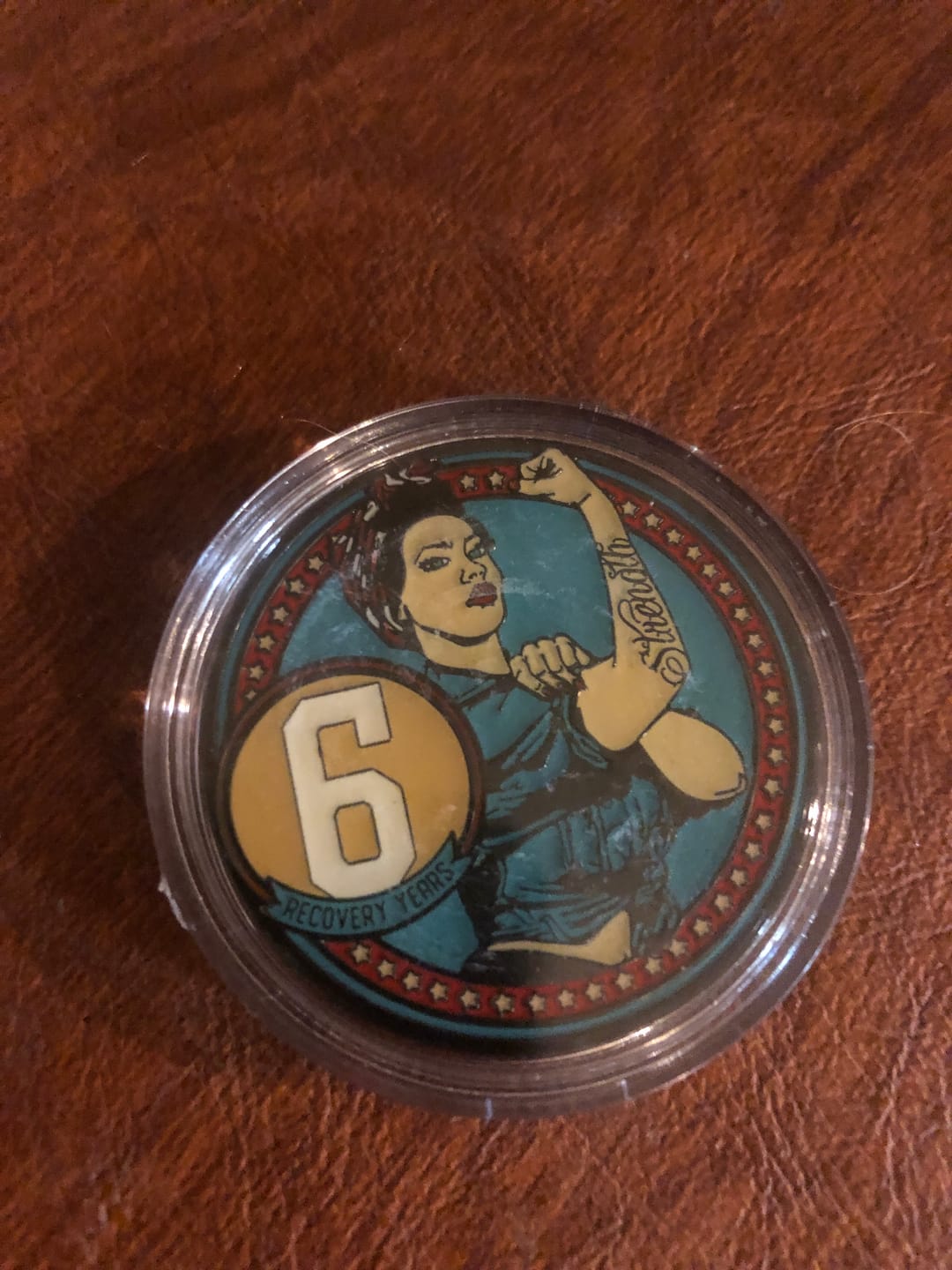 Customer photo review of 1 to 50 Year Rosie Recovery Strength AA/NA Medallions - Tri-Plate Chips/Coins