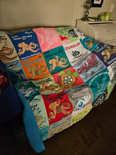 T-shirt quilt with marine life, island exploration themes by ChaRissa from AL