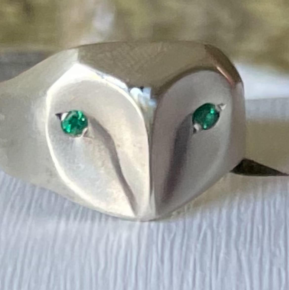 Customer photo review of Owl Ring with Sapphire Eyes