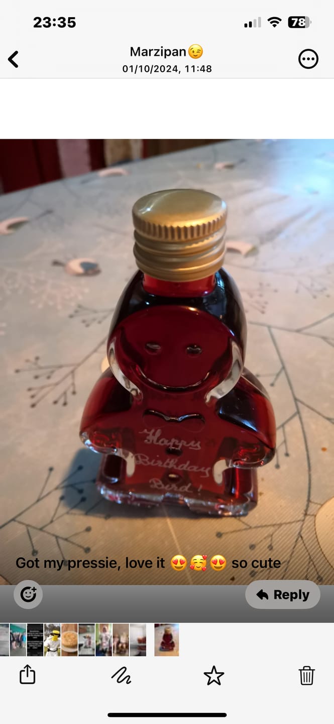 Customer photo review of Sour Cherry Vodka in Gingerbread Man Shaped Glass Bottle - 15%vol