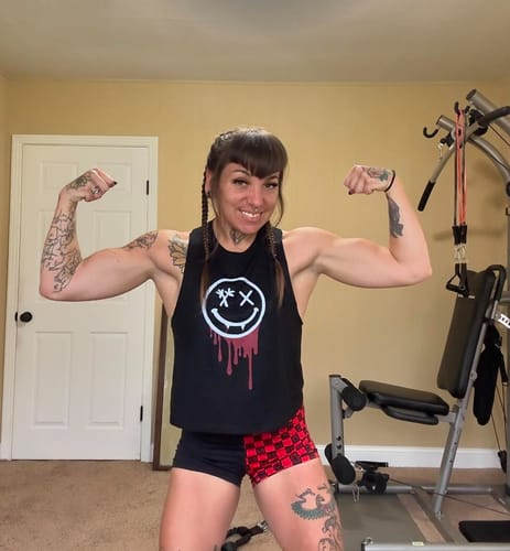 Customer photo review of Salty Savage Ladies High Rise Two Tone Training Shorts | Wet Suit Performance | Red/Checkerboard