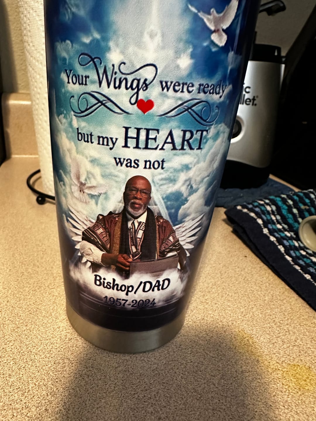 Customer photo review of In Loving Memory Upload Photo Heaven Gate Sky, A Big Piece Of My Heart Lives In Heaven Personalized Tumbler