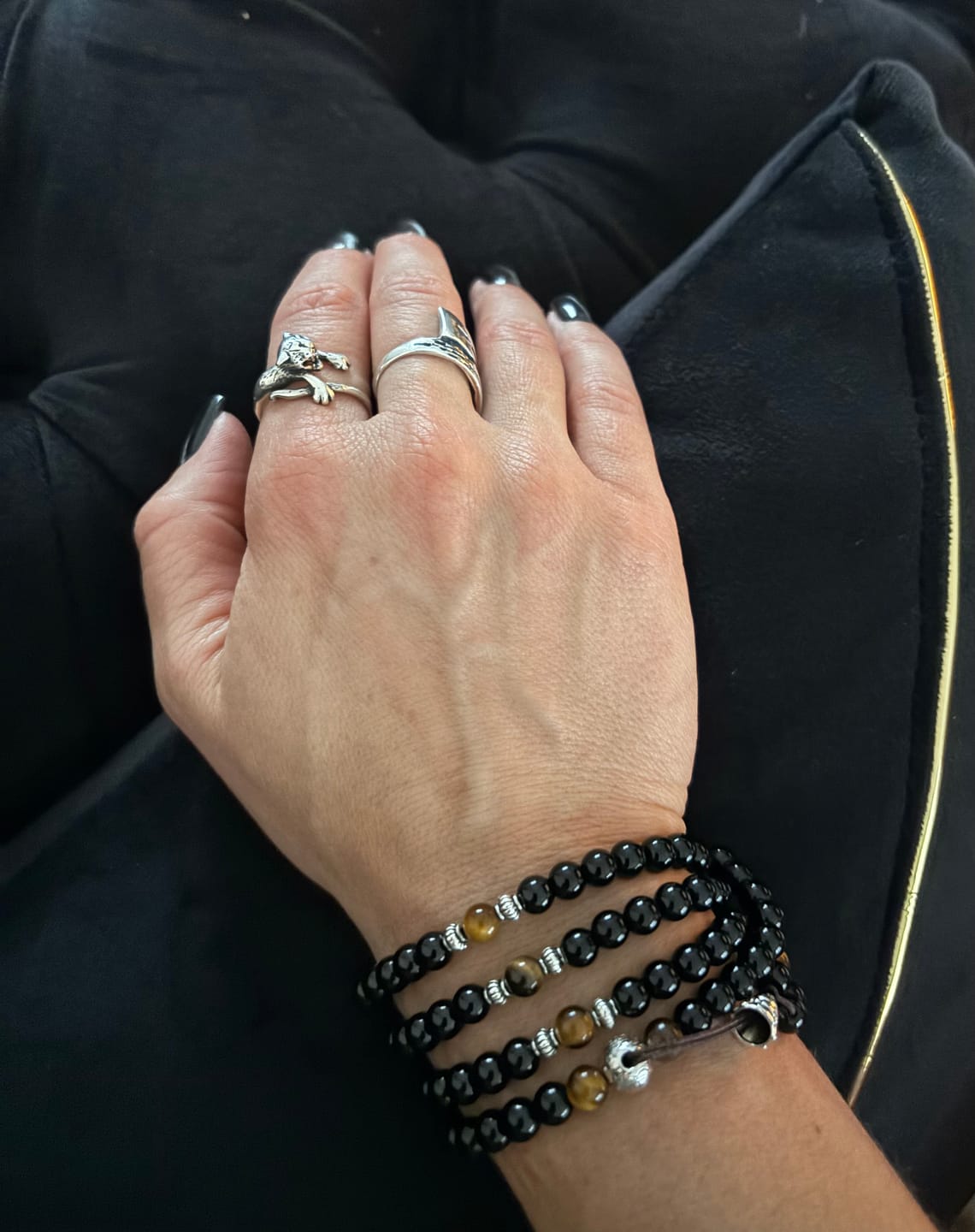 Customer photo review of Buddha Stones Black Obsidian Tiger Eye Blessing Mala Bracelet