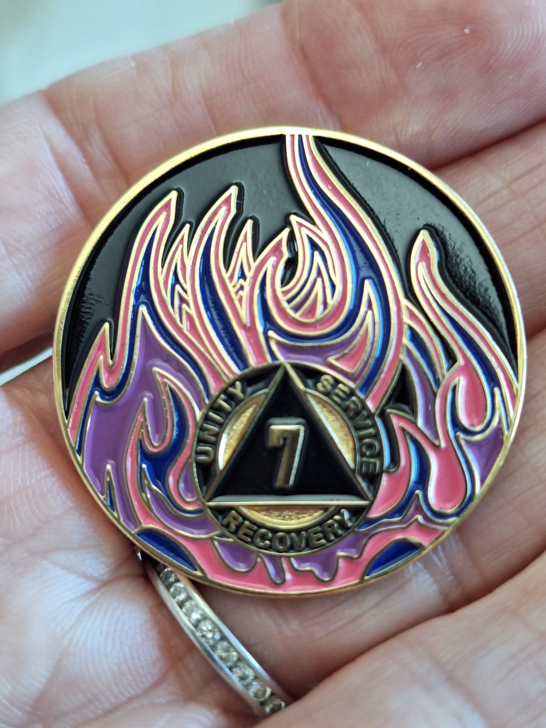 Customer photo review of 1 to 40 Year Sobriety Mint Twisted Flames Gold Plated AA Recovery Medallion/Chip/Coin - Black/Pink/Purple/Blue