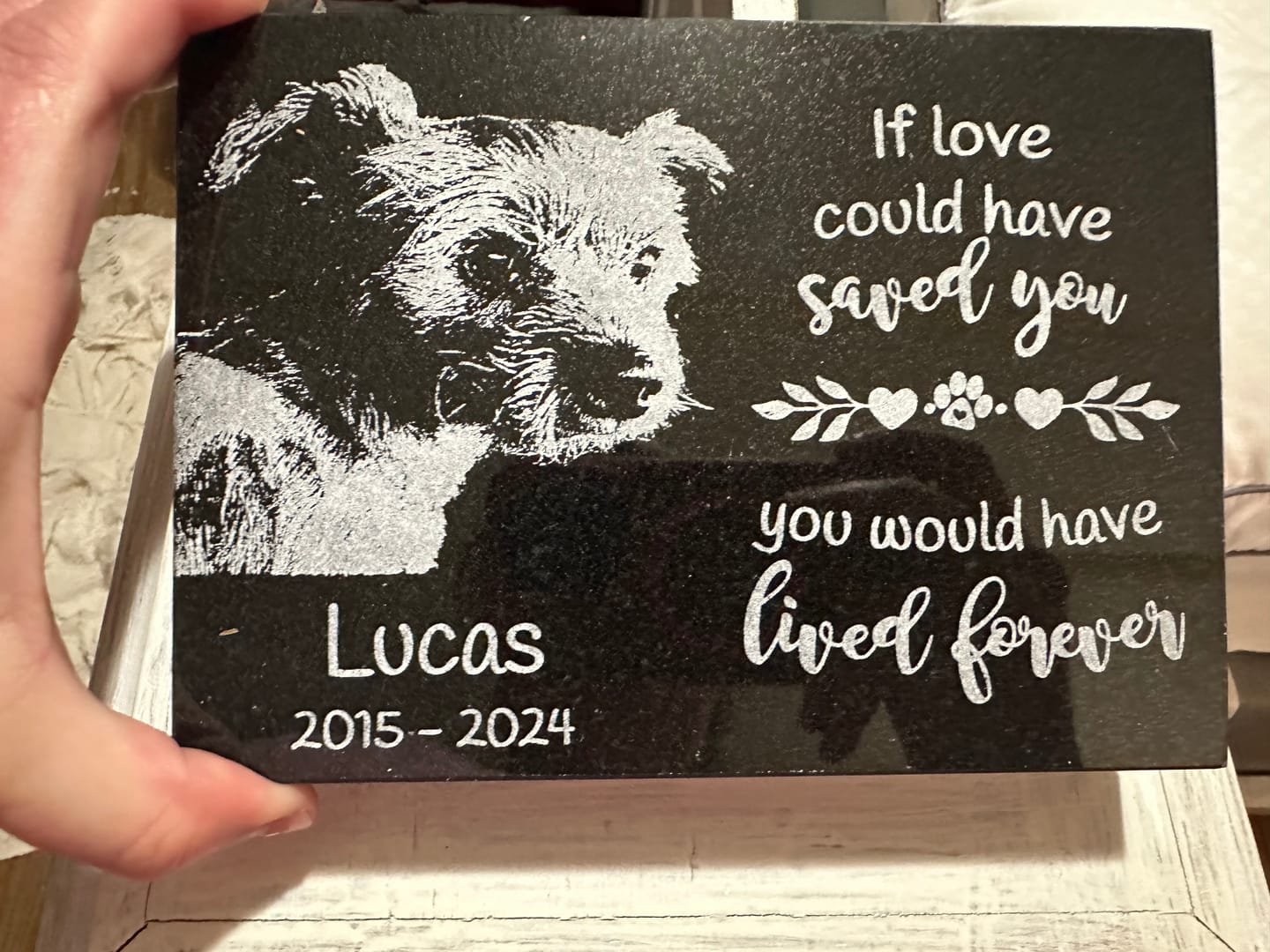 Customer photo review of Outdoor Personalized Dog Memorial Plaque Black Granite keepsake stone