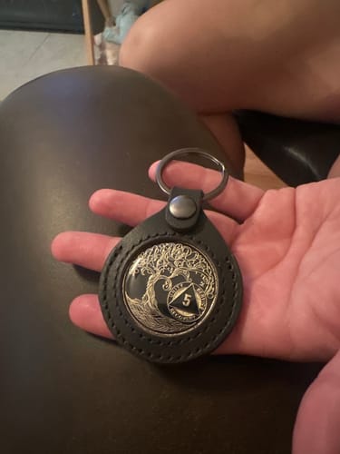 Customer photo review of 5 Year Sobriety Mint Twisted Tree of Life Gold Plated AA Recovery Medallion - Five Year Chip/Coin - Black + Velvet Case