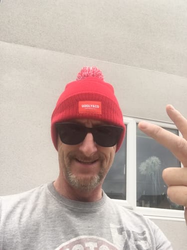 Customer photo review of Red & White Beanie