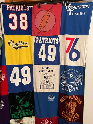 T-shirt quilt with sports, harry potter themes by Tara from NJ