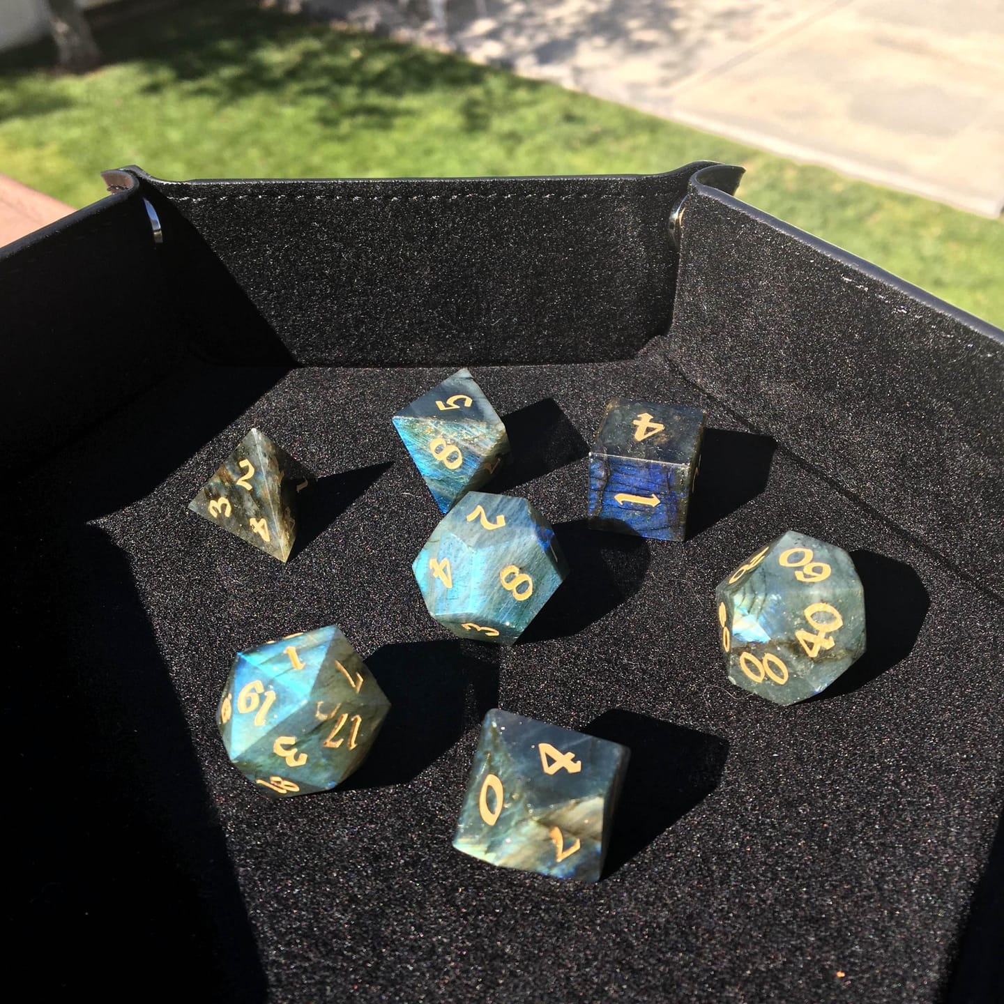 Customer photo review of Labradorite Gemstone Dice (And Box) DND Dice Set