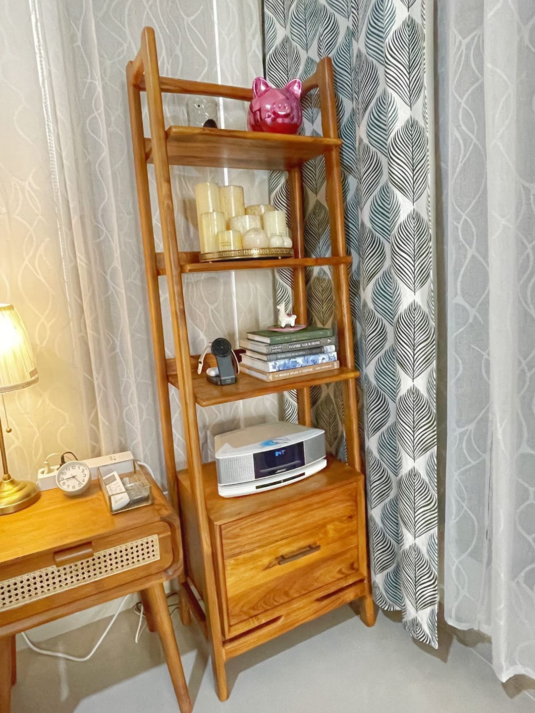 Customer photo review of Solid Teak Wood Shelf with 3 Tiers and 1 Drawer
