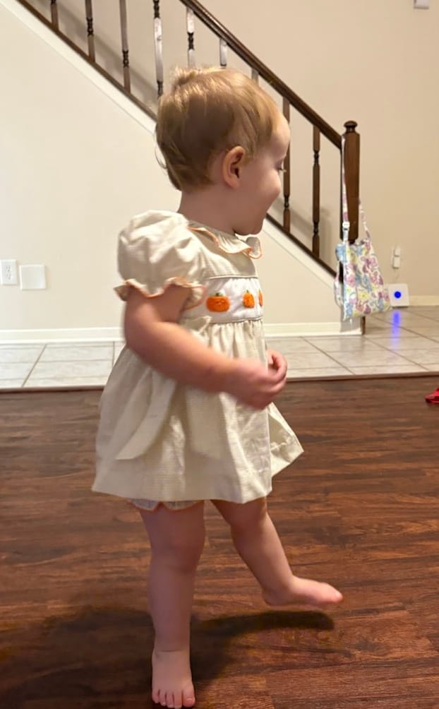 Customer photo review of Pumpkin French Knot Tan Gingham Beverly Bloomer Set