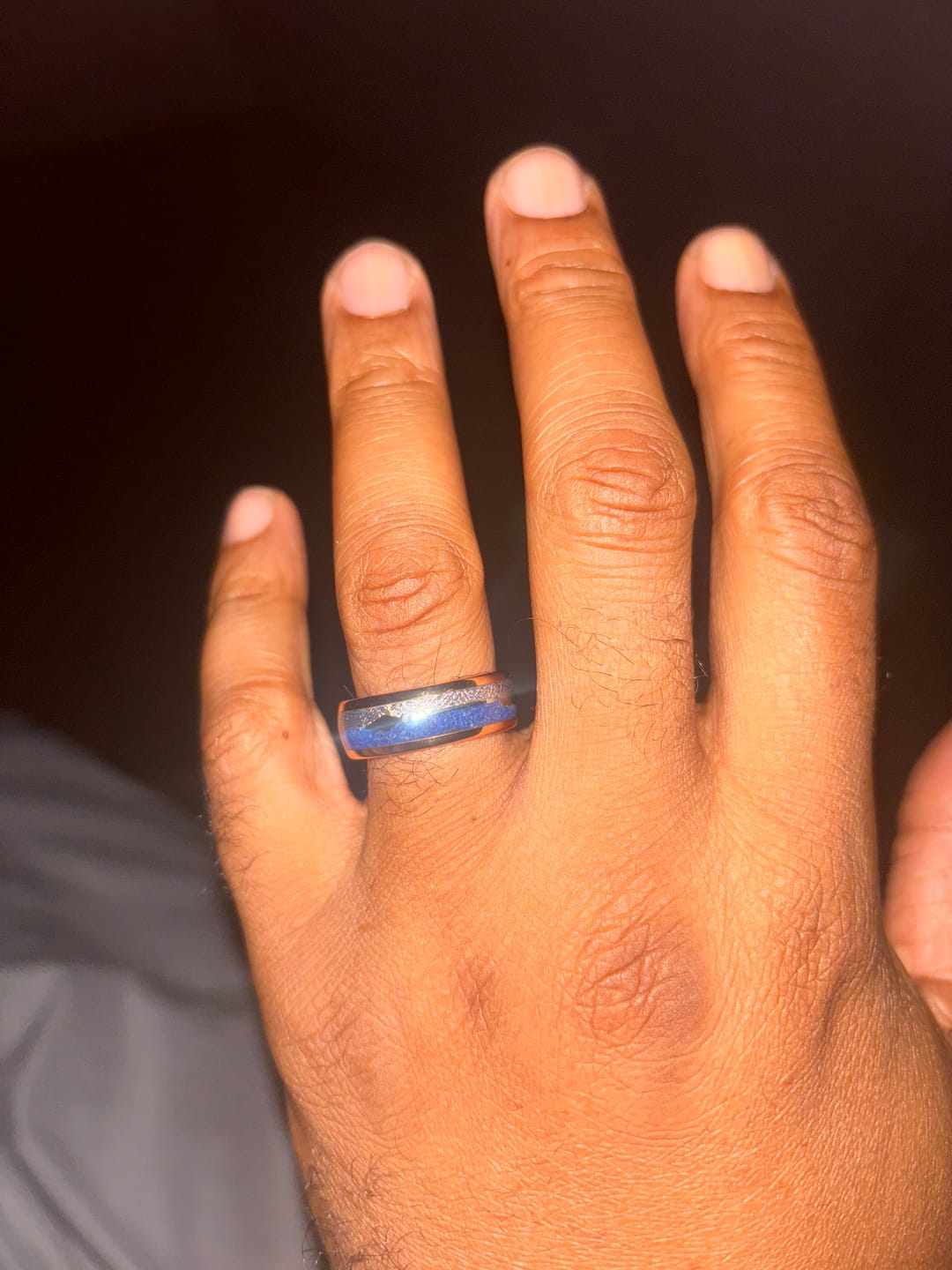 Customer photo review of 8mm- ROSE GOLD TUNGSTEN ARROW RING W/ BLUE LAPIS LAZULI, FAUX METEORITE,