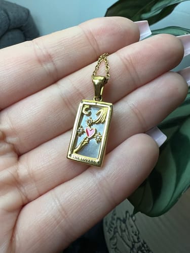 Customer photo review of The Lovers - Tarot card Dainty  18k Necklace with Enamel