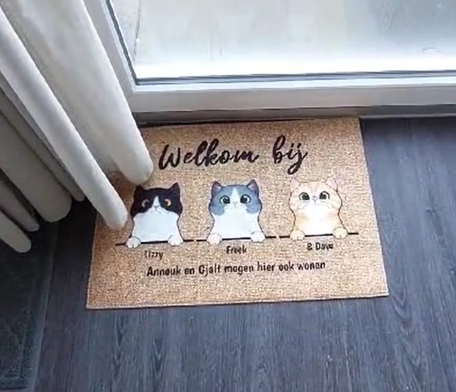 Customer photo review of Welkom bij nieuwsgierige katten - Gepersonaliseerde deurmat