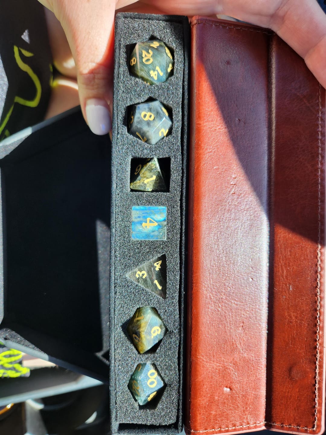 Customer photo review of Labradorite Gemstone Dice (And Box) DND Dice Set