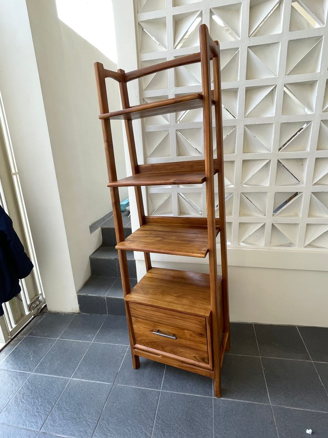 Customer photo review of Solid Teak Wood Shelf with 3 Tiers and 1 Drawer