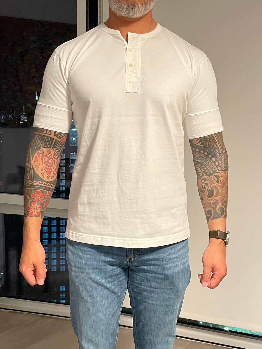 Customer photo review of Vintage Short Sleeve Henley T-Shirt - White