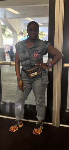 Customer photo review of Power Trip Denim Cargo Jumpsuit (Medium Wash)
