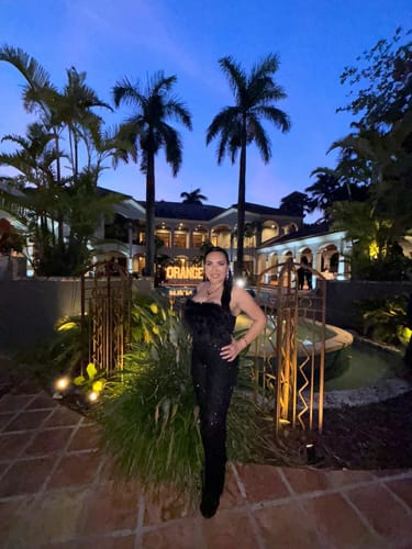 Customer photo review of Willa Black Feather Sequin Jumpsuit