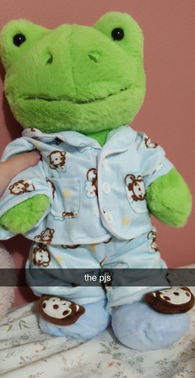 Customer photo review of MONKEY PJs with Slippers Stuffed Animal Outfit | Fits BAB & 14 to 16 Inch Plush Animals | Plushie Clothing | Stuffed Animal Accessory