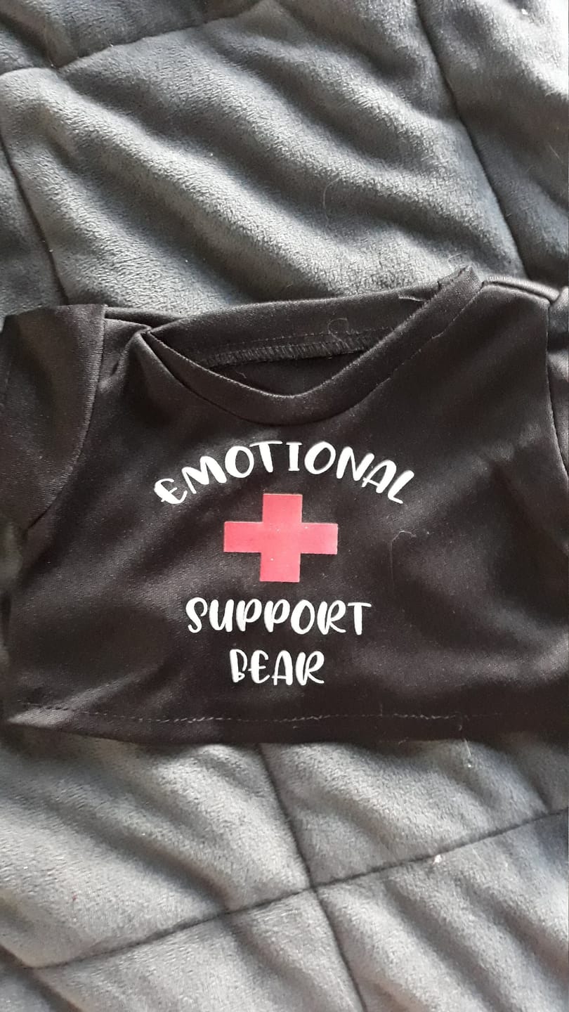 Customer photo review of EMOTIONAL SUPPORT Bear T-Shirt | Fits BAB & 14 to 16 Inch Stuffed Animals | Teddy Bear Outfit | Plushie Clothing