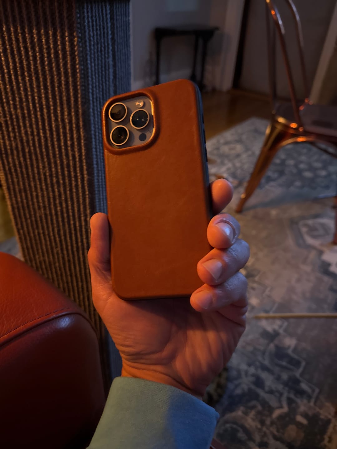 Customer photo review of Full-Grain Leather iPhone 15 Pro Max MagSafe Case - Saddle Tan