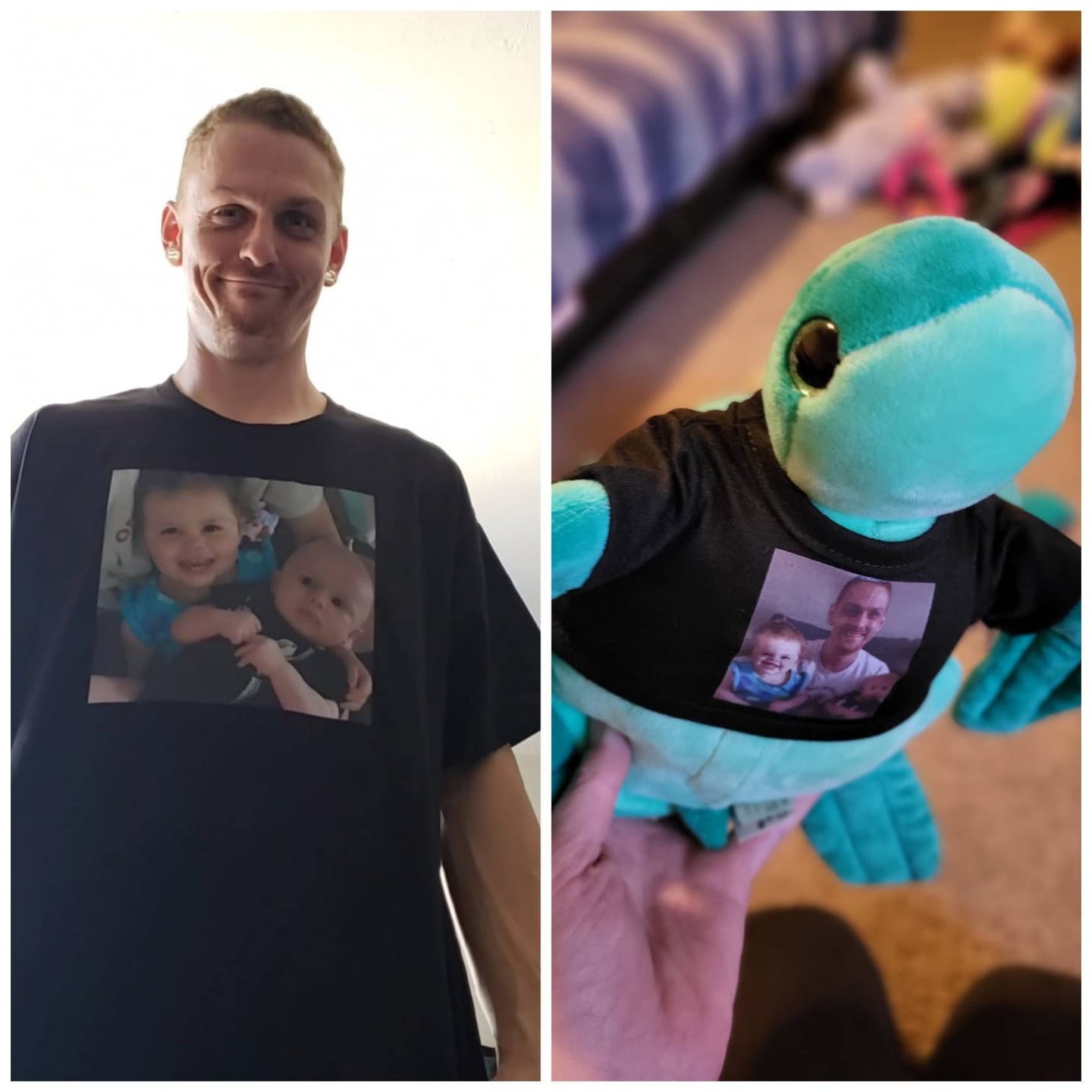 Customer photo review of CUSTOM Stuffed Animal T-SHIRT, Fits 8 Inch Stuffed Animals, Personalized Photo and Text Shirt