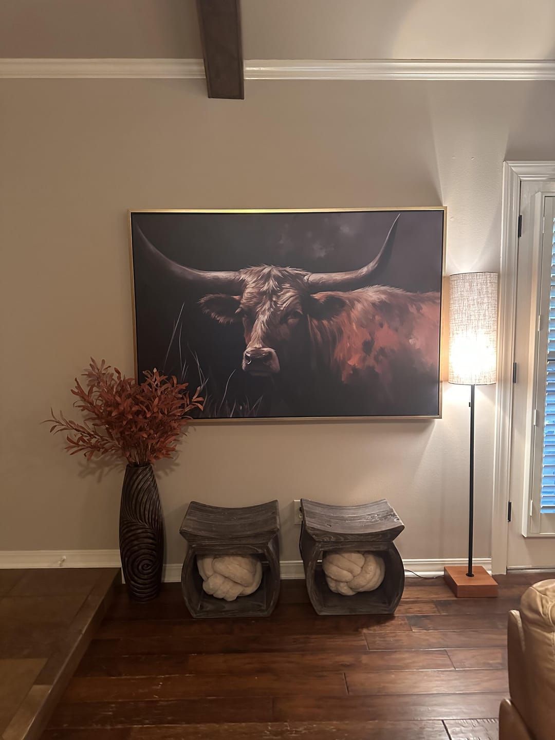 Customer photo review of Brown Beautiful Texas Longhorn Cow Framed Canvas Wall Art