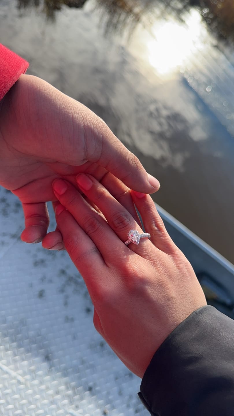 Customer photo review of Halo Pear Moissanite Triple Row Pave Engagement Ring