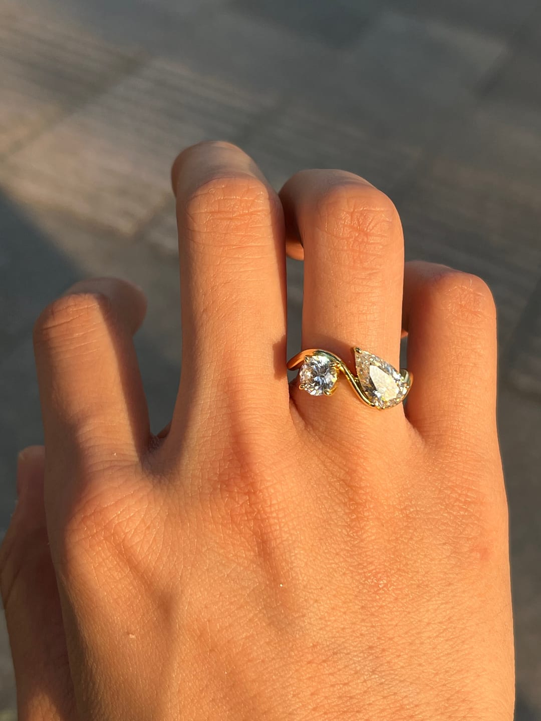 Customer photo review of Louily Unique Double Stones Design Pear & Round Cut Engagement Ring In Sterling Silver