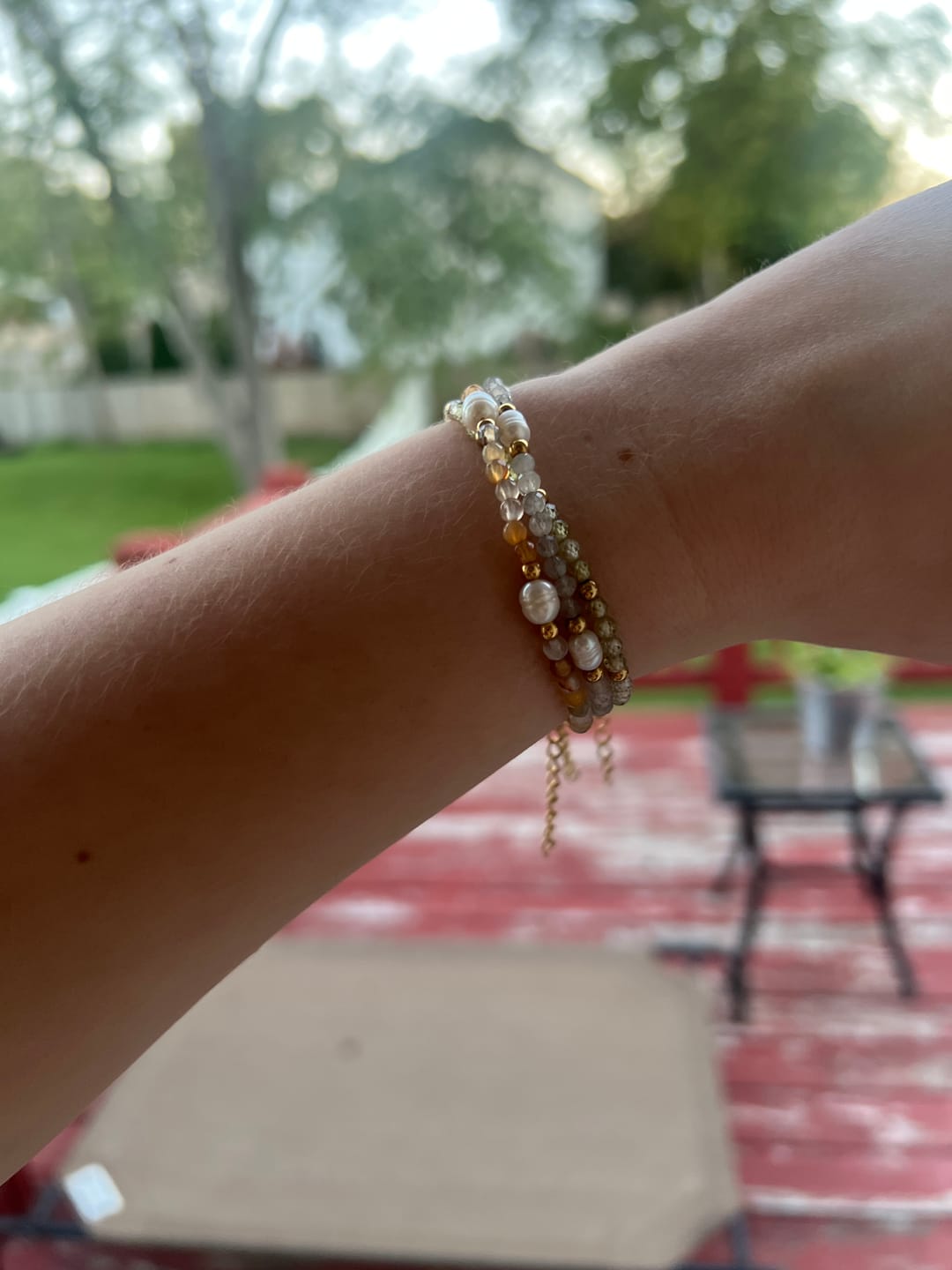 Customer photo review of Moonstone & Pearl Bead Bracelet