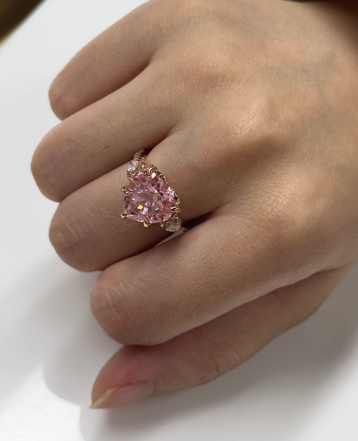 Customer photo review of S925 5.0Ct Heart Cut Royal Romantic Pink Stone Heart Cut Engagement Ring In Sterling Silver