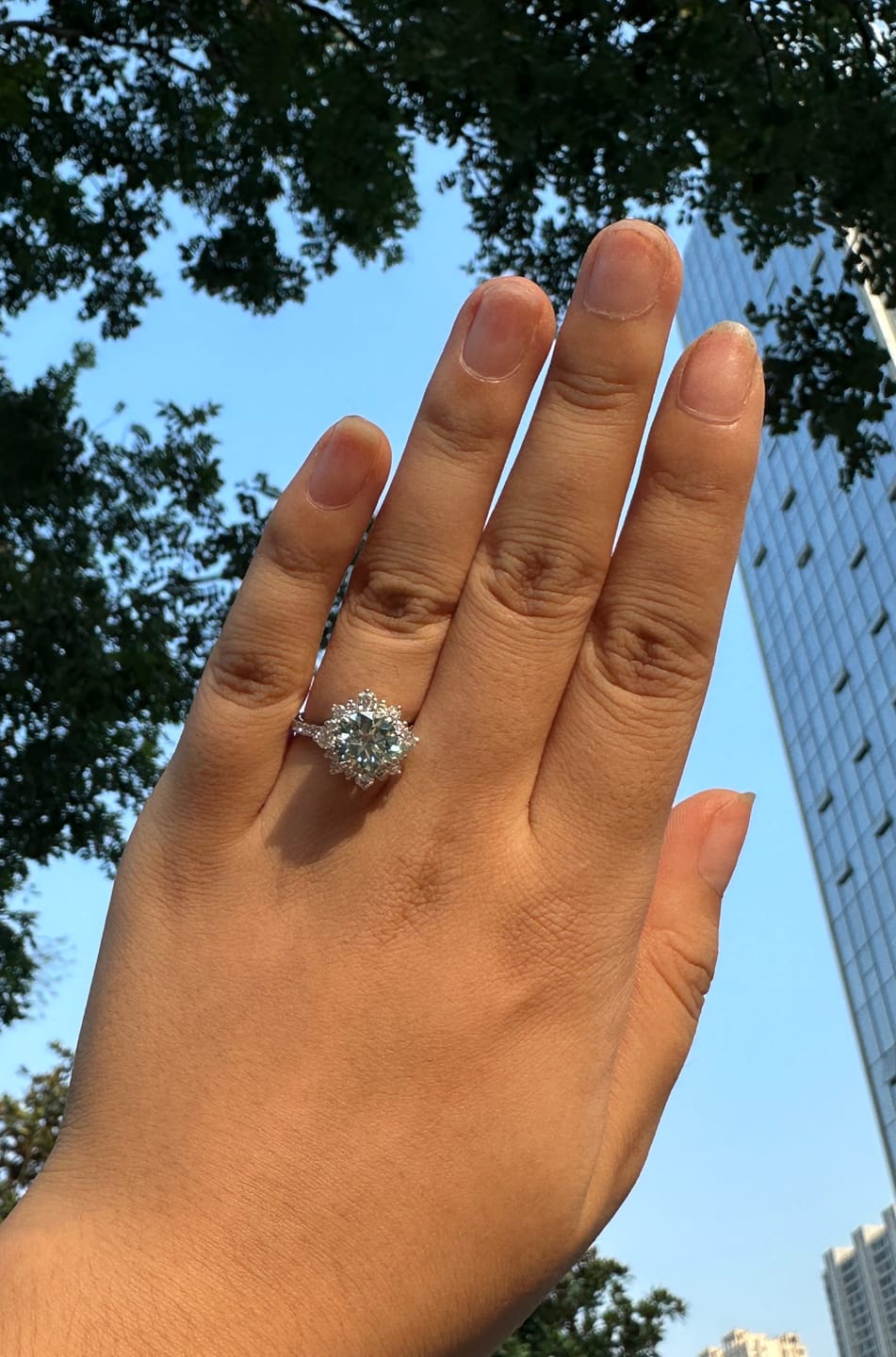 Customer photo review of S925 Moissanite 2 Ct Snowflake Design Halo Round Cyan Blue Stone Engagement Ring