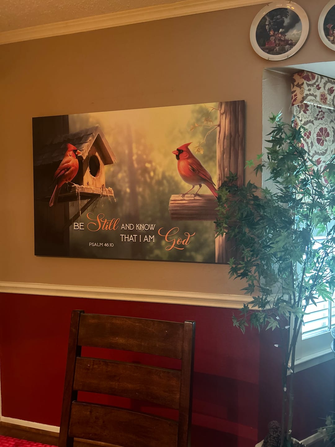 Customer photo review of Psalm 46:10 Be Still and Know That I Am God, Cardinal Couple, Wall Art Canvas