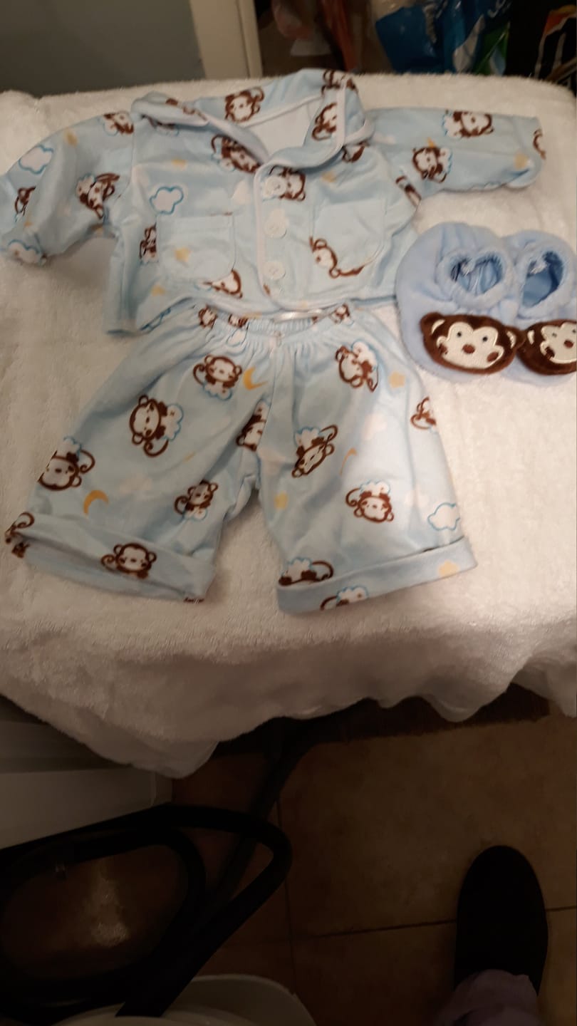 Customer photo review of MONKEY PJs with Slippers Stuffed Animal Outfit | Fits BAB & 14 to 16 Inch Plush Animals | Plushie Clothing | Stuffed Animal Accessory