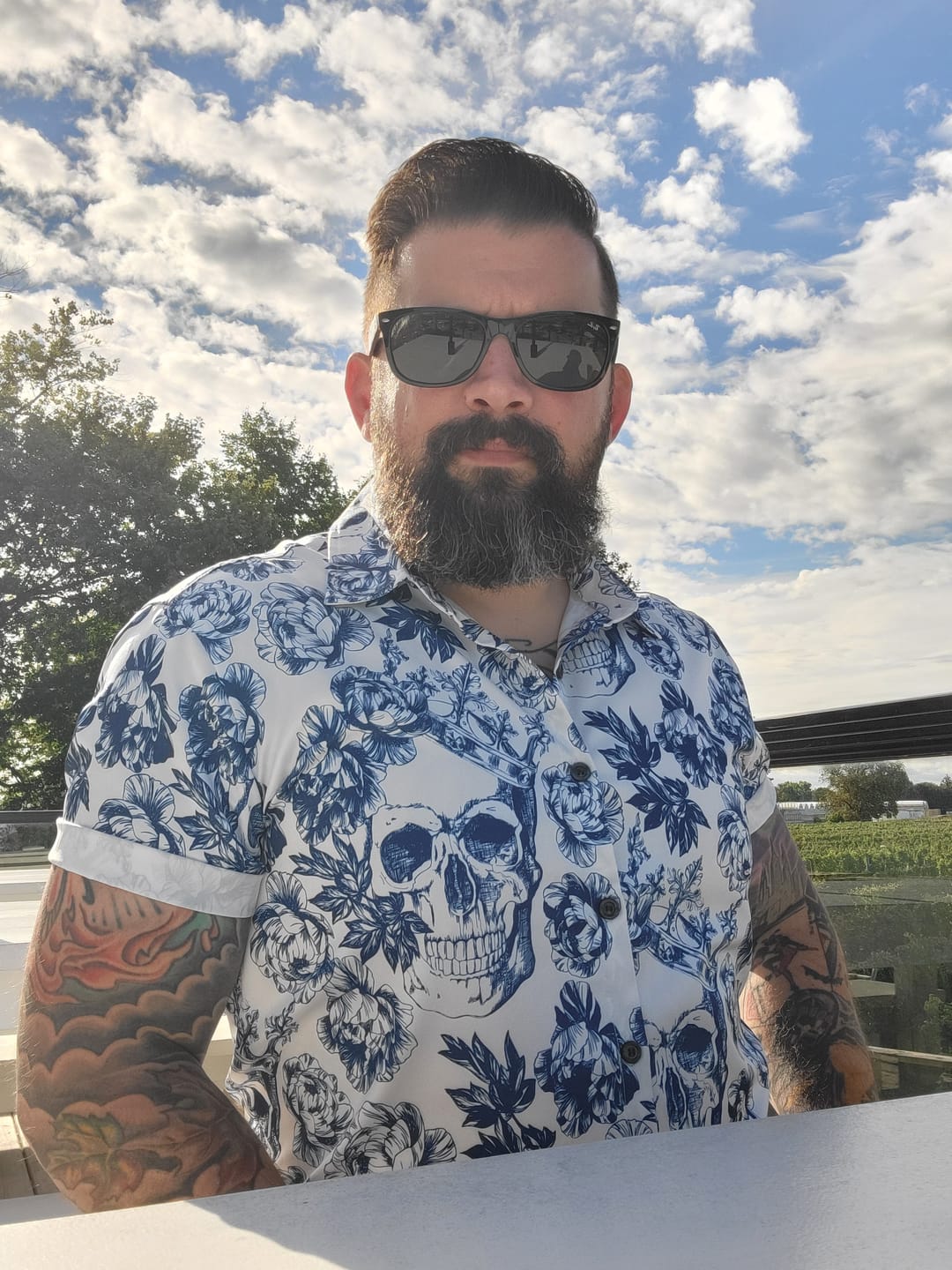 Customer photo review of Men's Punk Rock Crown Floral Skull Print Short Sleeve Shirt