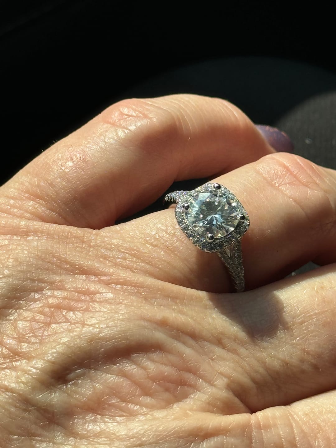 Customer photo review of Moissanite Split Shank Square Halo Pave Engagement Ring