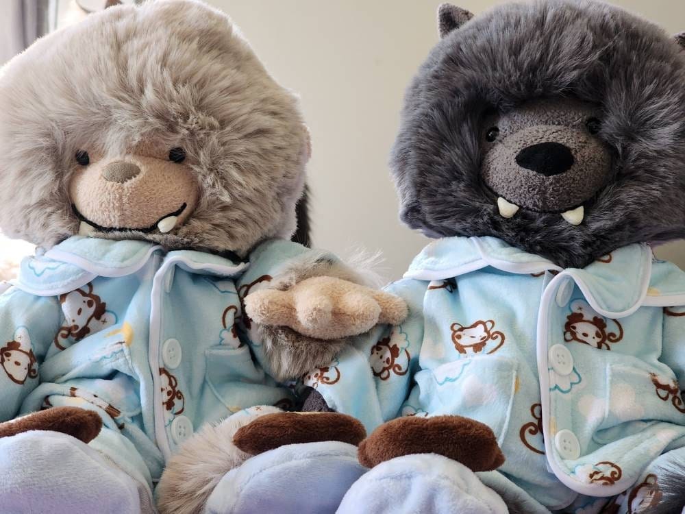 Customer photo review of MONKEY PJs with Slippers Stuffed Animal Outfit | Fits BAB & 14 to 16 Inch Plush Animals | Plushie Clothing | Stuffed Animal Accessory