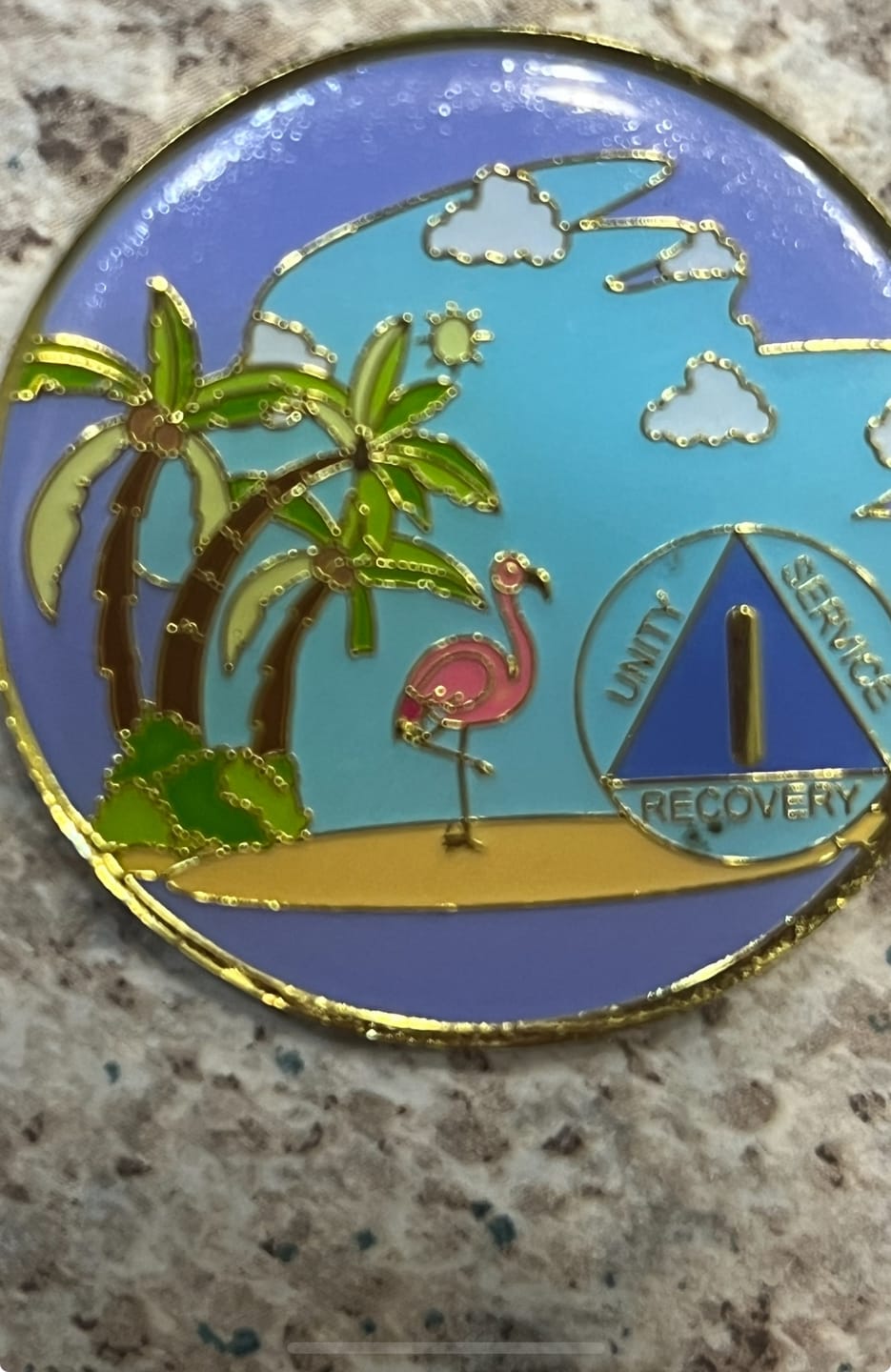 Customer photo review of 1 to 60 Year Beach Themed Specialty AA Recovery Medallion - Tri-Plated Chip/Coin