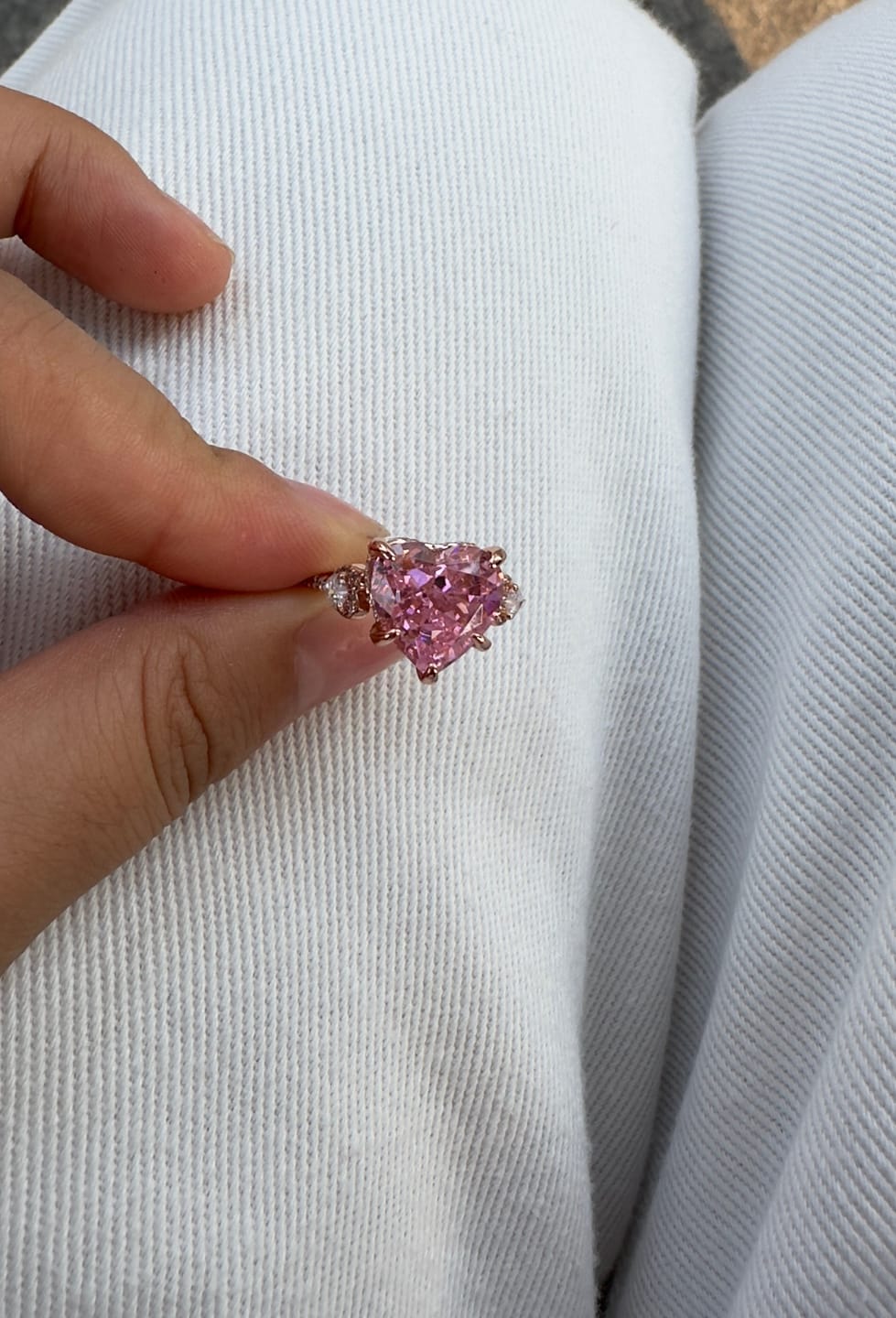 Customer photo review of S925 5.0Ct Heart Cut Royal Romantic Pink Stone Heart Cut Engagement Ring In Sterling Silver