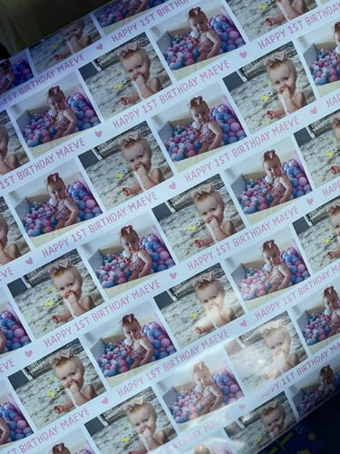 Customer photo review of Personalised Pink 1st Birthday Print with Photo and Name Wrapping Paper