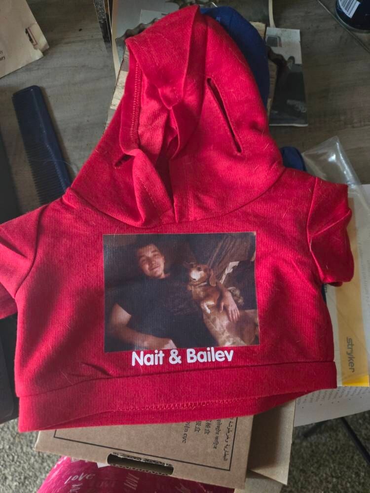 Customer photo review of CUSTOM Plushie HOODIE | Fits BAB and 14 to 16 Inch Stuffed Animals | Teddy Bear Outfit | Plushie Clothing