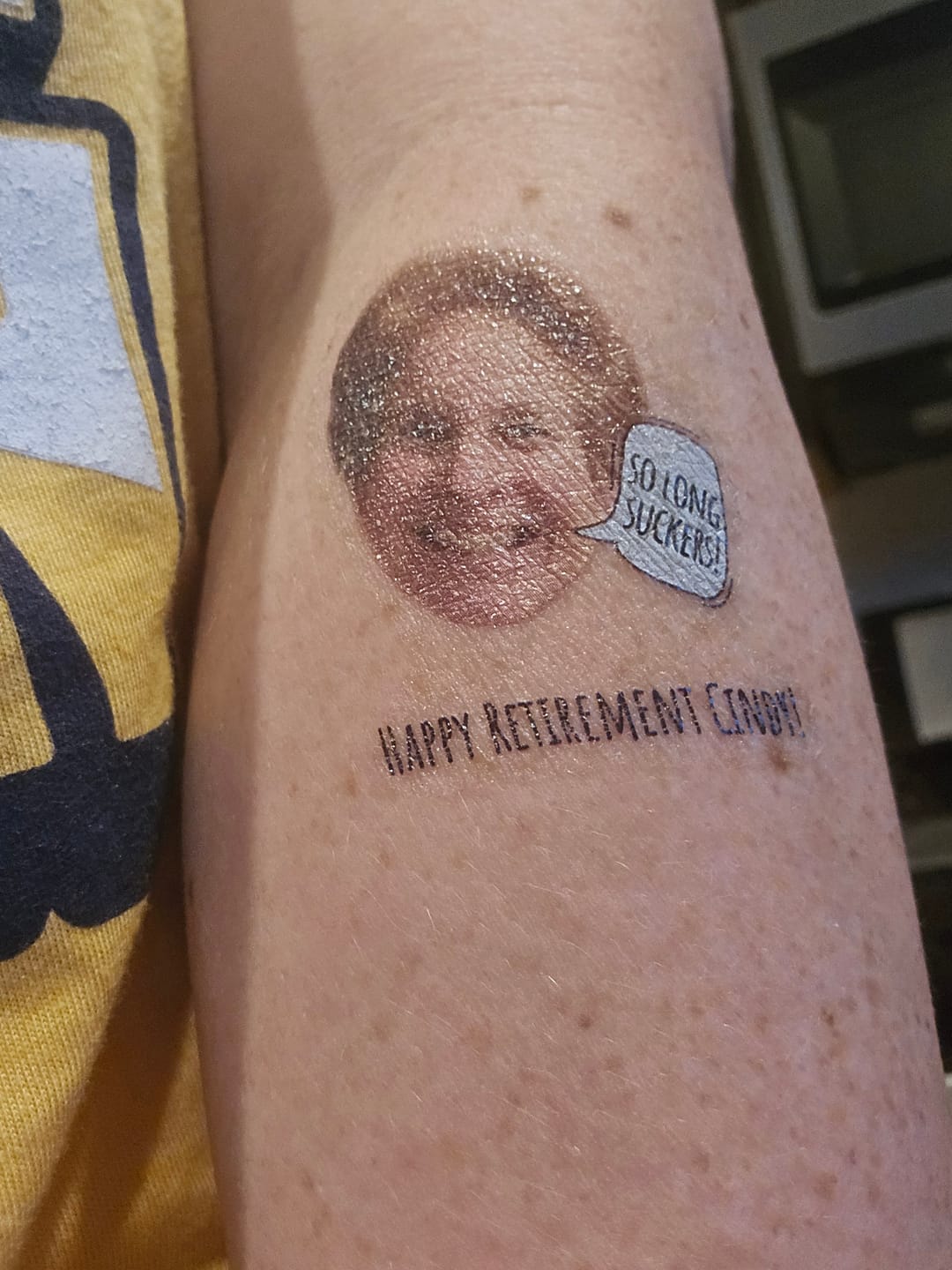 Customer photo review of So Long Suckers! Retirement Tattoo