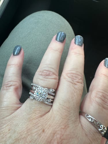 Customer photo review of Halo Moissanite With Enhancer Cross Shank Bridal Engagement Ring Set