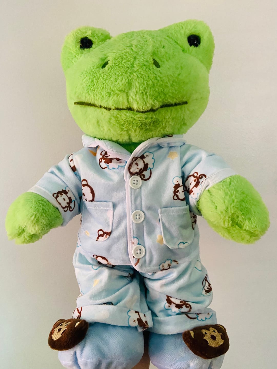Customer photo review of MONKEY PJs with Slippers Stuffed Animal Outfit | Fits BAB & 14 to 16 Inch Plush Animals | Plushie Clothing | Stuffed Animal Accessory