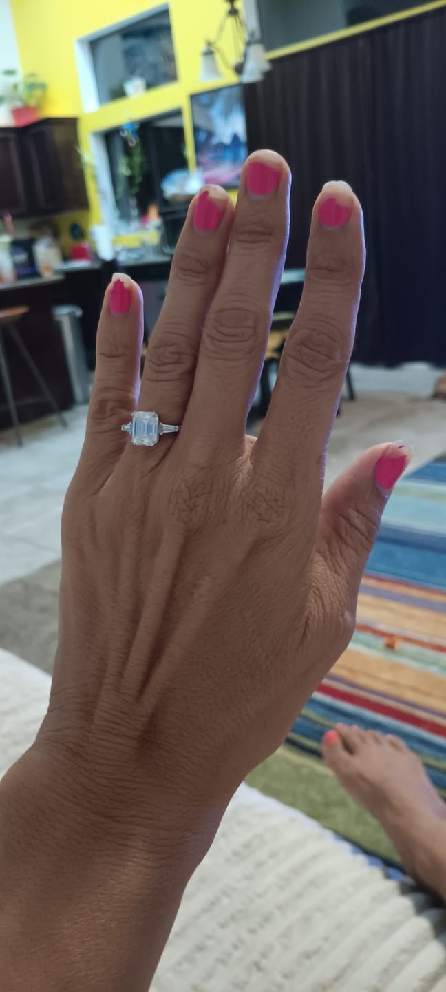 Customer photo review of Three Stone Emerald Cut Moissanite Tapered Baguette Engagement Ring