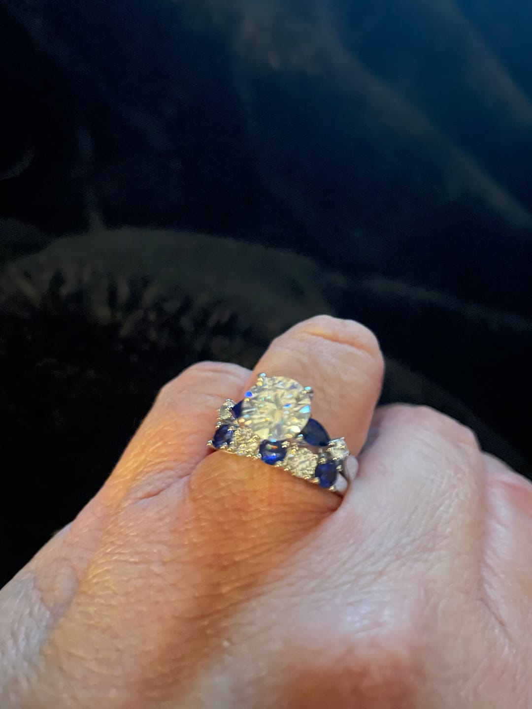 Customer photo review of Five Stone Moissanite and Sapphire Wedding Band Ring In Sterling Silver