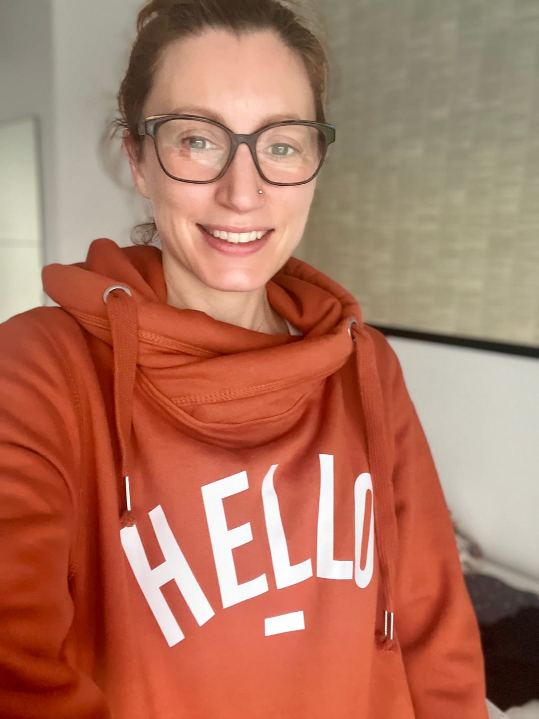Customer photo review of New: Rust Hello Cowl Neck Hoodie
